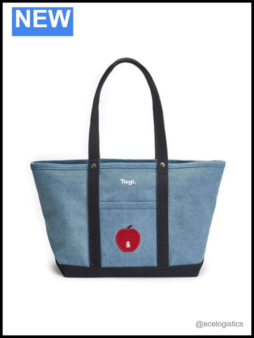Large Canvas Shoulder Bag with Embroidered Apple Design, Adjustable Strap,